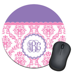 Pink, White & Purple Damask Round Mouse Pad (Personalized)
