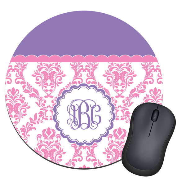 Custom Pink, White & Purple Damask Round Mouse Pad (Personalized)