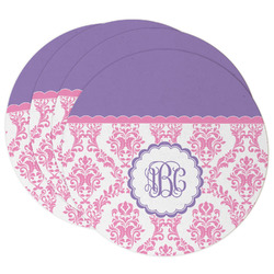 Pink, White & Purple Damask Round Paper Coasters w/ Monograms