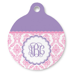 Pink, White & Purple Damask Round Pet ID Tag - Large (Personalized)