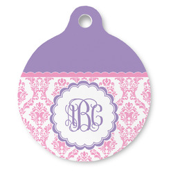 Pink, White & Purple Damask Round Pet ID Tag (Personalized)