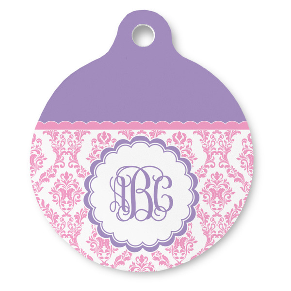 Custom Pink, White & Purple Damask Round Pet ID Tag (Personalized)