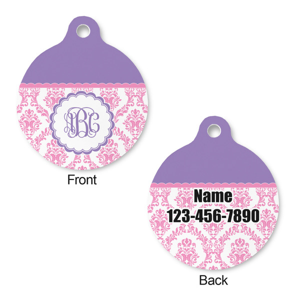 Pink, White & Purple Damask Round Pet Tag - Front & Back