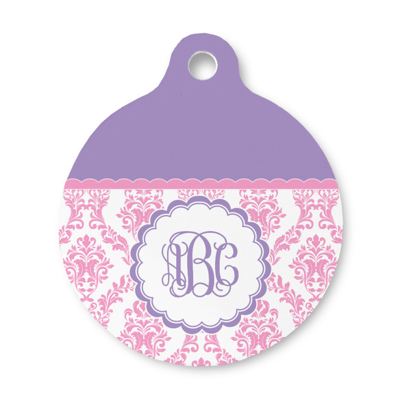 Custom Pink, White & Purple Damask Round Pet ID Tag - Small (Personalized)