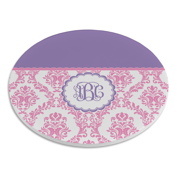 Pink, White & Purple Damask Round Stone Trivet - Angle View
