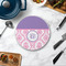 Pink, White & Purple Damask Round Stone Trivet - In Context View