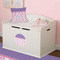 Pink, White & Purple Damask Round Wall Decal on Toy Chest