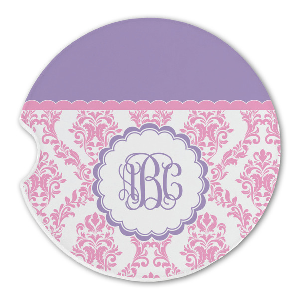 Custom Pink, White & Purple Damask Sandstone Car Coaster - Single (Personalized)