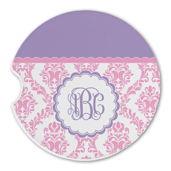 Pink, White & Purple Damask Sandstone Car Coaster - Single