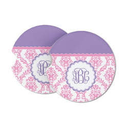 Pink, White & Purple Damask Sandstone Car Coasters (Personalized)