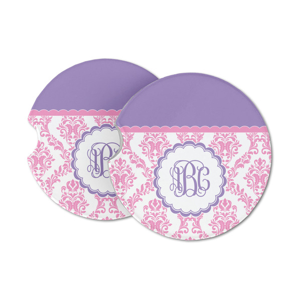 Custom Pink, White & Purple Damask Sandstone Car Coasters - Set of 2 (Personalized)