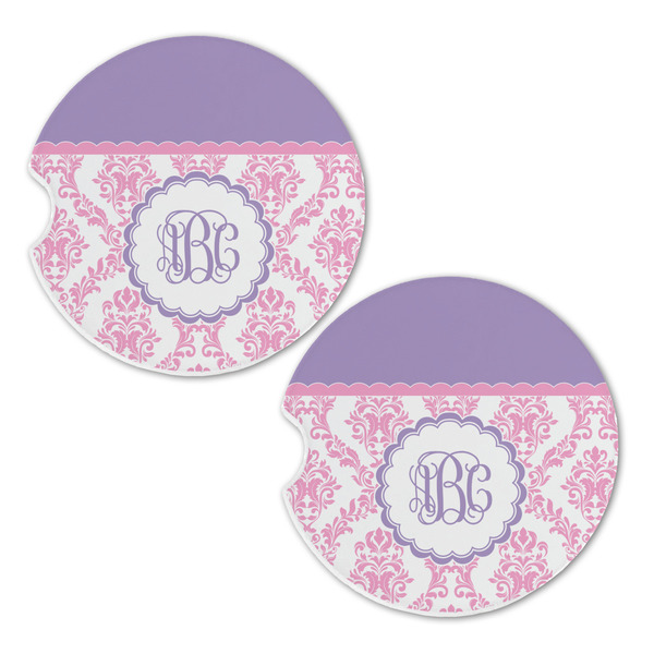 Pink, White & Purple Damask Sandstone Car Coasters - Set of 2