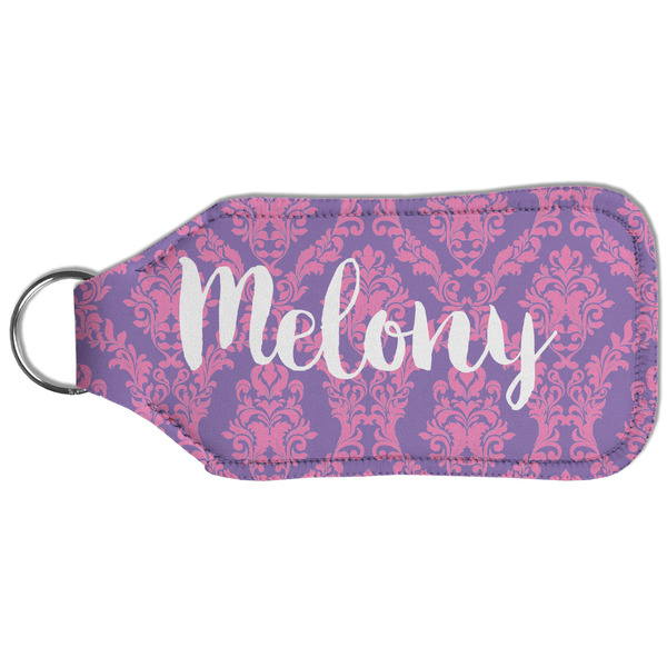 Pink, White & Purple Damask Sanitizer Holder Keychain - Large (Back)