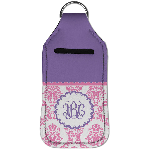 Pink, White & Purple Damask Sanitizer Holder Keychain - Large (Front)