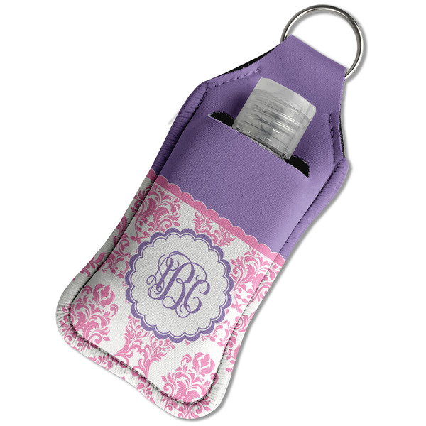 Pink, White & Purple Damask Sanitizer Holder Keychain - Large in Case