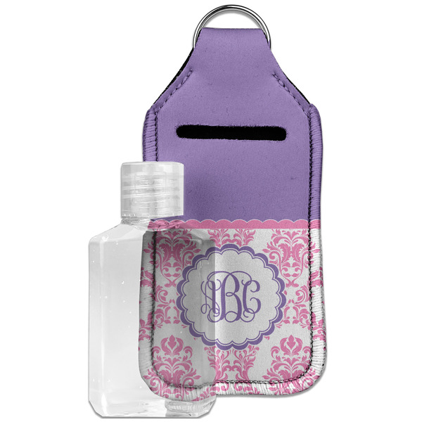 Custom Pink, White & Purple Damask Hand Sanitizer & Keychain Holder - Large (Personalized)
