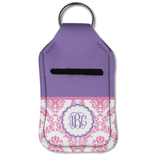 Pink, White & Purple Damask Sanitizer Holder Keychain - Small (Front Flat)