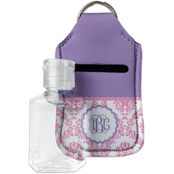 Custom Pink, White & Purple Damask Hand Sanitizer & Keychain Holder - Small (Personalized)