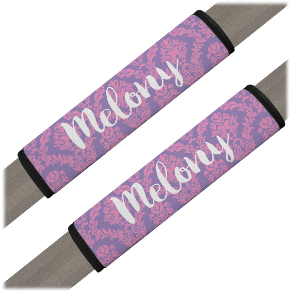 Custom Pink, White & Purple Damask Seat Belt Covers (Set of 2) (Personalized)