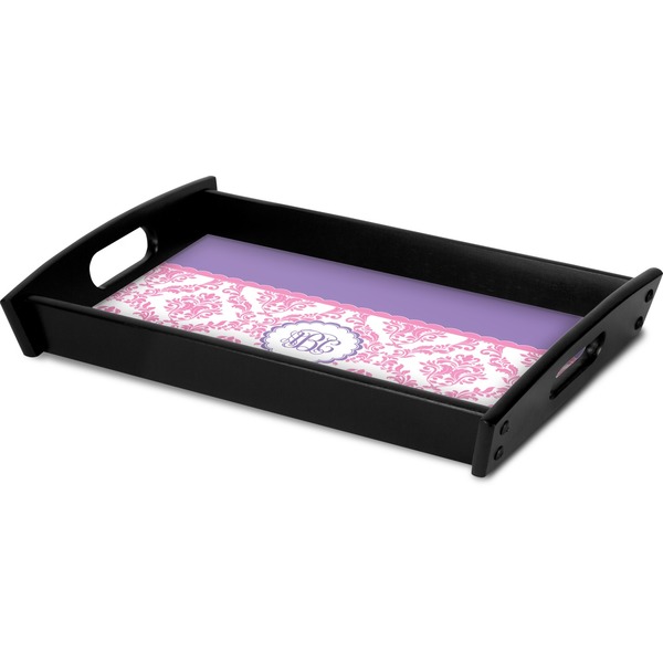 Pink, White & Purple Damask Serving Tray Black - Corner