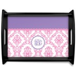 Pink, White & Purple Damask Black Wooden Tray - Large (Personalized)