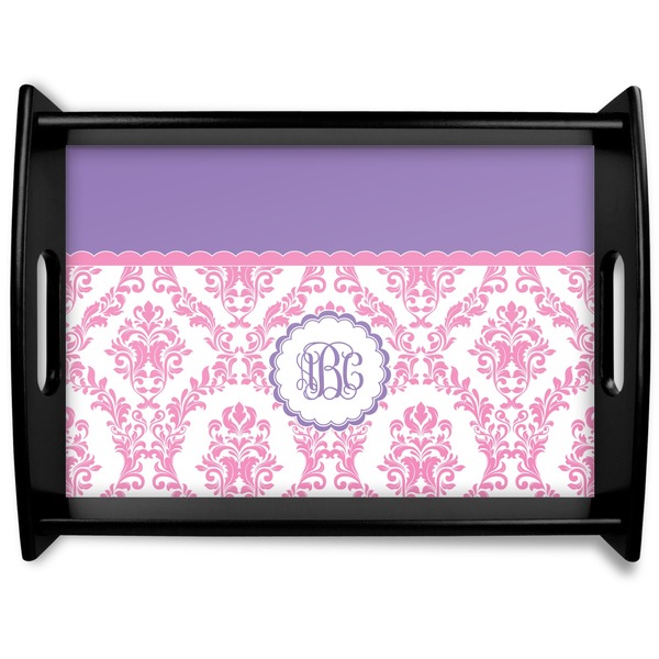 Custom Pink, White & Purple Damask Black Wooden Tray - Large (Personalized)