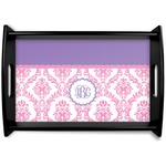 Pink, White & Purple Damask Black Wooden Tray - Small (Personalized)