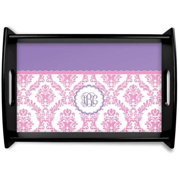 Custom Pink, White & Purple Damask Black Wooden Tray - Small (Personalized)