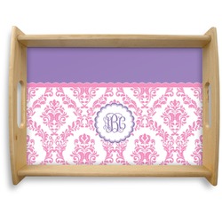 Pink, White & Purple Damask Natural Wooden Tray - Large (Personalized)