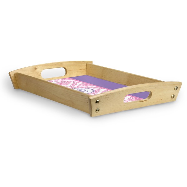 Pink, White & Purple Damask Serving Tray Wood Small - Corner