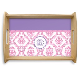 Pink, White & Purple Damask Natural Wooden Tray - Small (Personalized)
