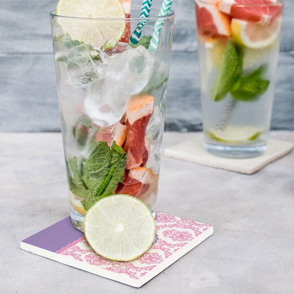 Pink, White & Purple Damask Set of 4 Stone Coasters - In Context View