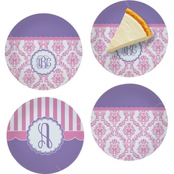 Pink, White & Purple Damask Set of 4 Glass Appetizer / Dessert Plate 8" (Personalized)