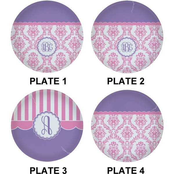 Pink, White & Purple Damask Set of Lunch / Dinner Plates (Approval)