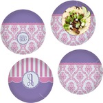 Pink, White & Purple Damask Set of 4 Glass Lunch / Dinner Plate 10" (Personalized)
