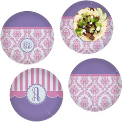 Pink, White & Purple Damask Set of 4 Glass Lunch / Dinner Plate 10" (Personalized)