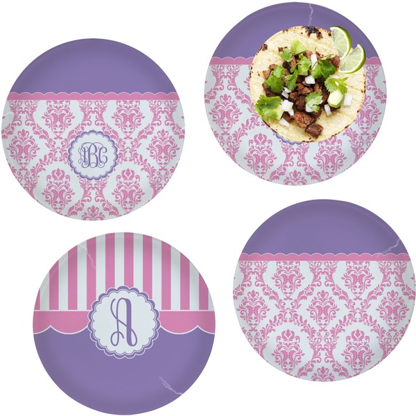 Custom Pink, White & Purple Damask Set of 4 Glass Lunch / Dinner Plate 10" (Personalized)