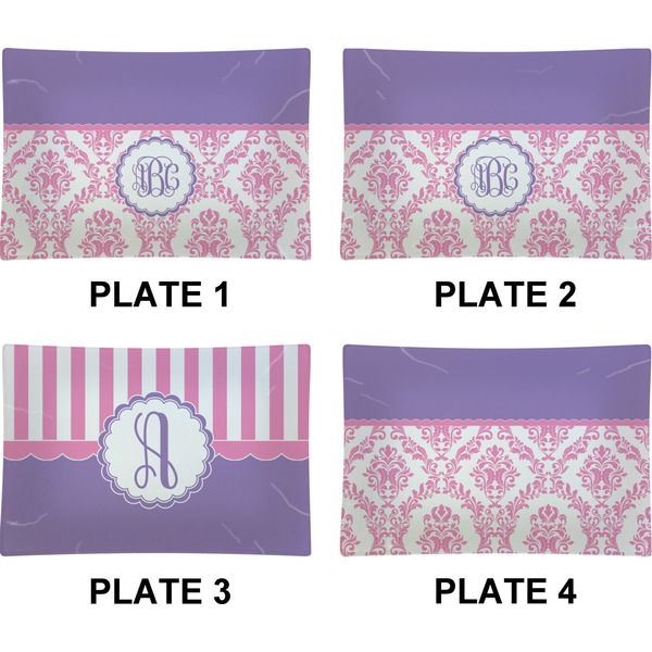 Pink, White & Purple Damask Set of Rectangular Appetizer / Dessert Plates (Approval)