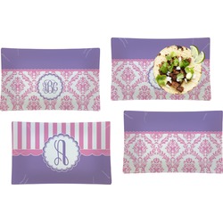 Pink, White & Purple Damask Set of 4 Glass Rectangular Lunch / Dinner Plate (Personalized)
