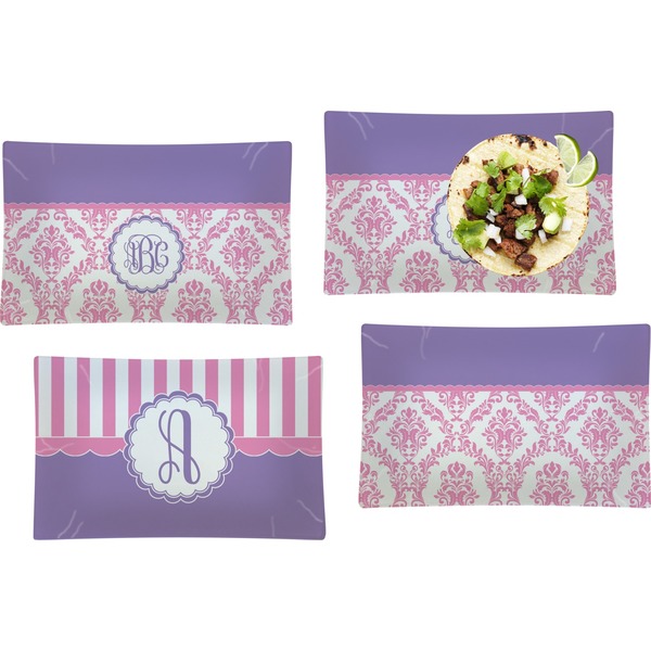 Custom Pink, White & Purple Damask Set of 4 Glass Rectangular Lunch / Dinner Plate (Personalized)