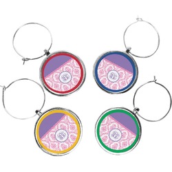 Pink, White & Purple Damask Wine Charms (Set of 4) (Personalized)