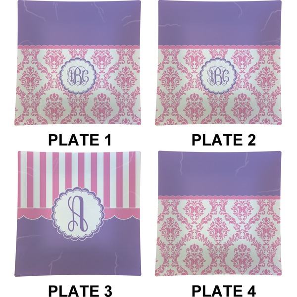 Pink, White & Purple Damask Set of Square Dinner Plates (Approval)