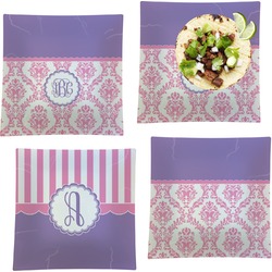 Pink, White & Purple Damask Set of 4 Glass Square Lunch / Dinner Plate 9.5" (Personalized)