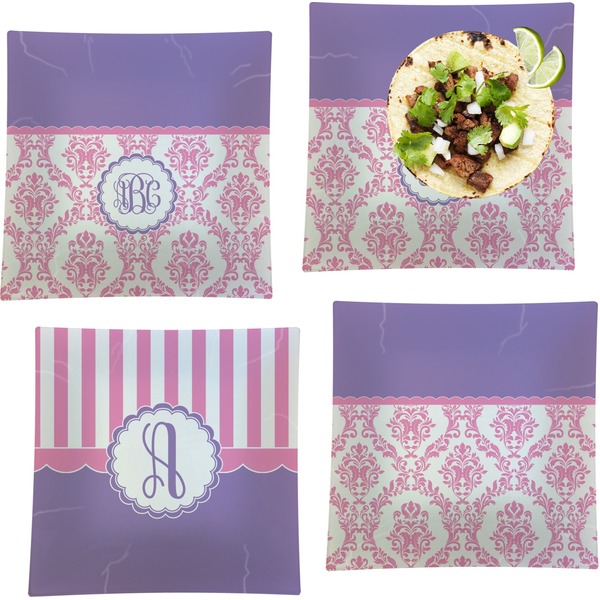 Custom Pink, White & Purple Damask Set of 4 Glass Square Lunch / Dinner Plate 9.5" (Personalized)