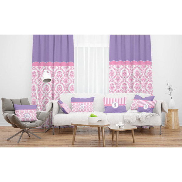 Pink, White & Purple Damask Sheer and Custom Curtains in Room with Matching Pillows