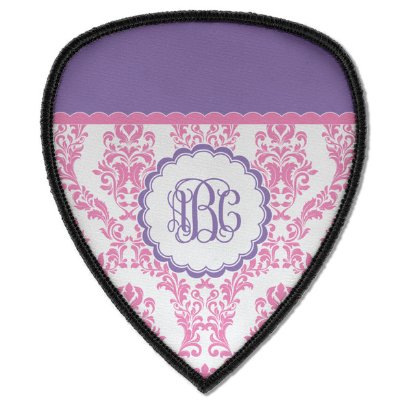 Custom Pink, White & Purple Damask Iron on Shield Patch A w/ Monogram
