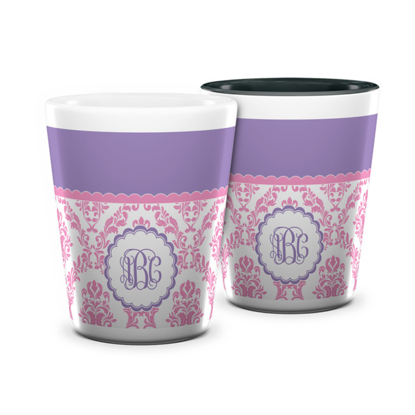 Custom Pink, White & Purple Damask Ceramic Shot Glass - 1.5 oz (Personalized)