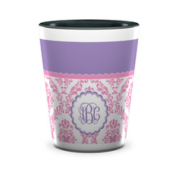 Pink, White & Purple Damask Ceramic Shot Glass - 1.5 oz - Two Tone - Set of 4 (Personalized)