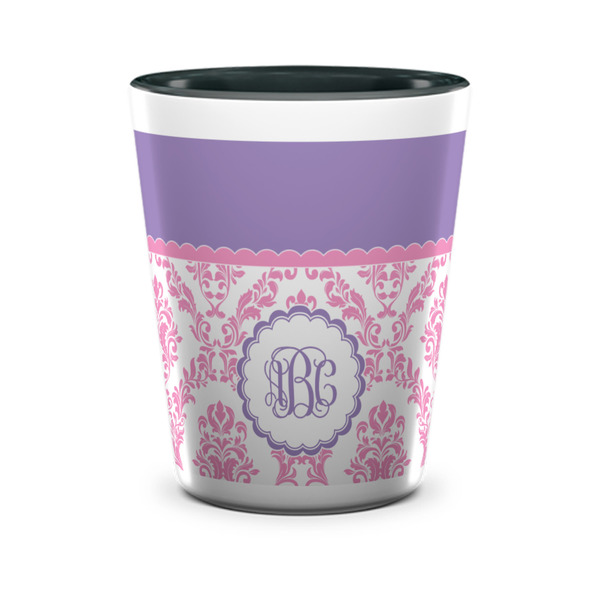 Custom Pink, White & Purple Damask Ceramic Shot Glass - 1.5 oz - Two Tone - Set of 4 (Personalized)