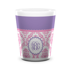 Pink, White & Purple Damask Ceramic Shot Glass - 1.5 oz - White - Set of 4 (Personalized)